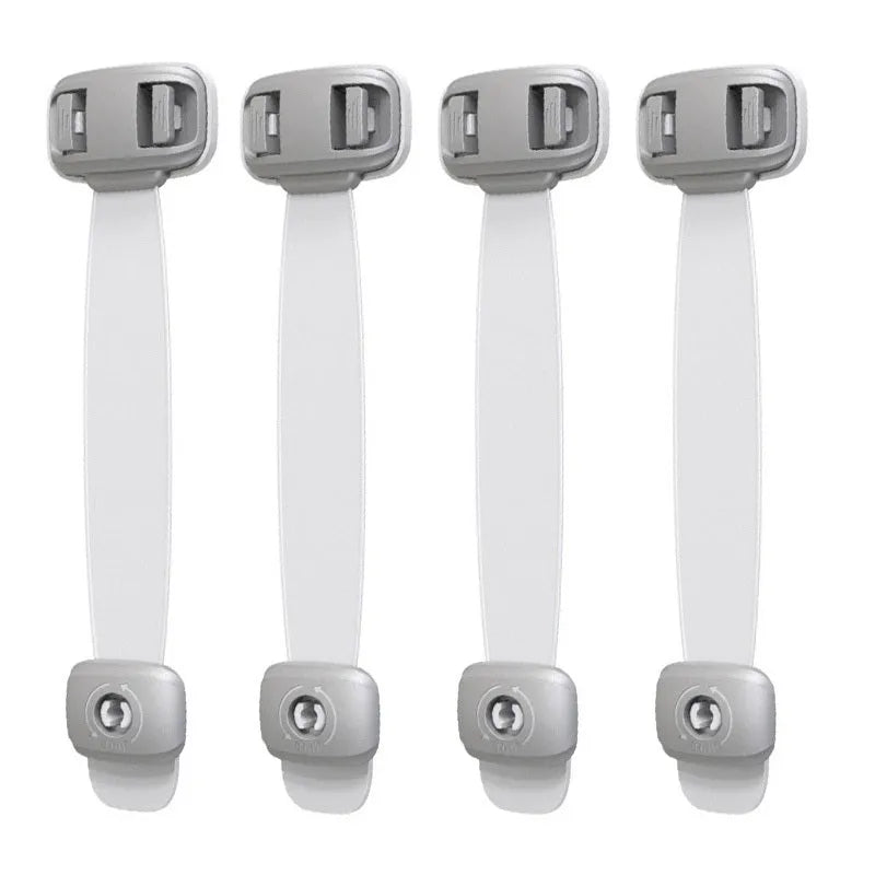 Grey adjustable child safety lock strap with 3M adhesive, shown securing a cabinet door.