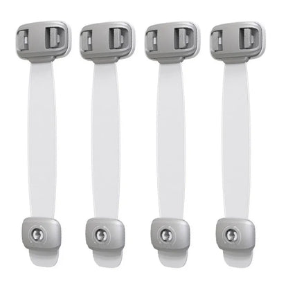 Grey adjustable child safety lock strap with 3M adhesive, shown securing a cabinet door.