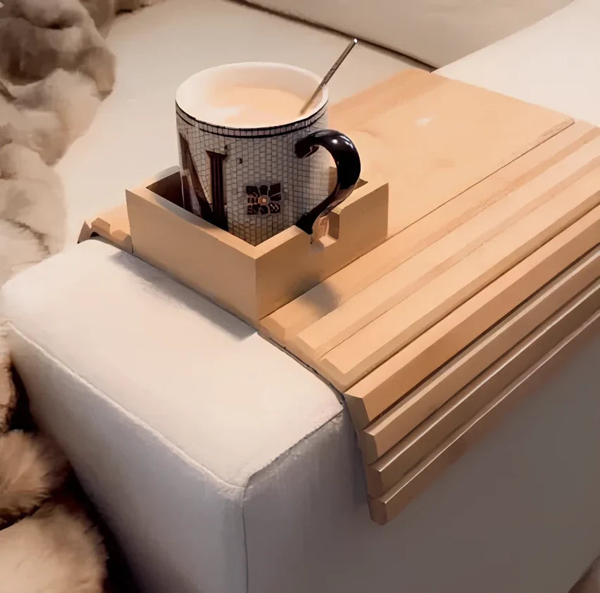 Bamboo sofa tray with cup holder on furniture, 45cm length, natural wood finish