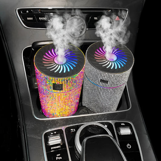 White Diamond finish car air purifier and humidifier unit mounted on a car dashboard.