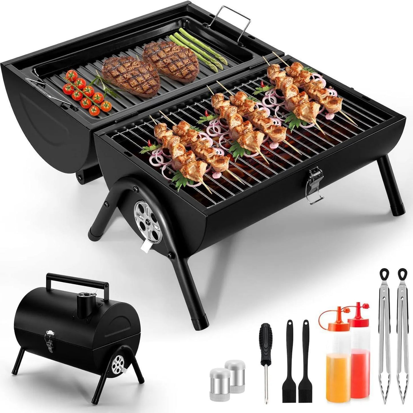 Small folding desktop charcoal barbecue showing 25cm cooking surface and compact 5cm folded thickness