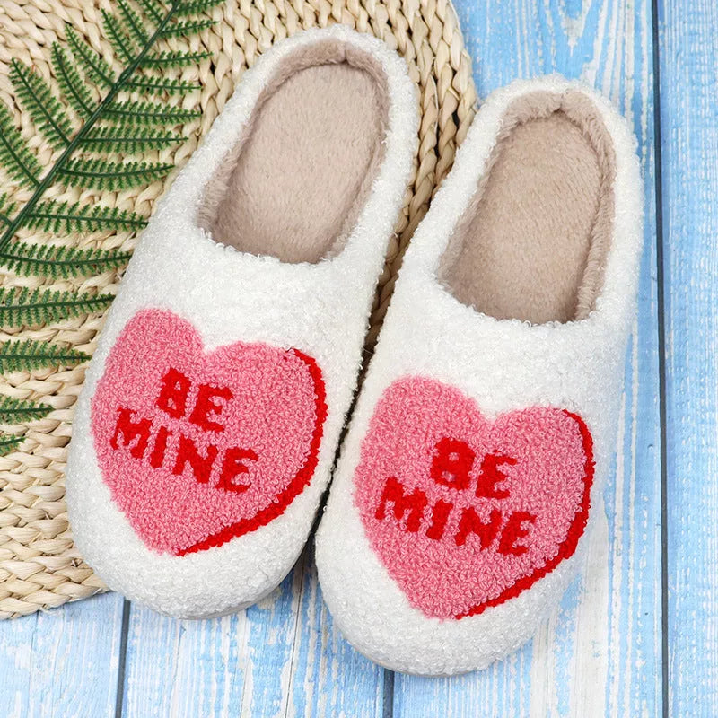 Valentine's Day Love Heart Cotton Slippers with non-slip sole in white