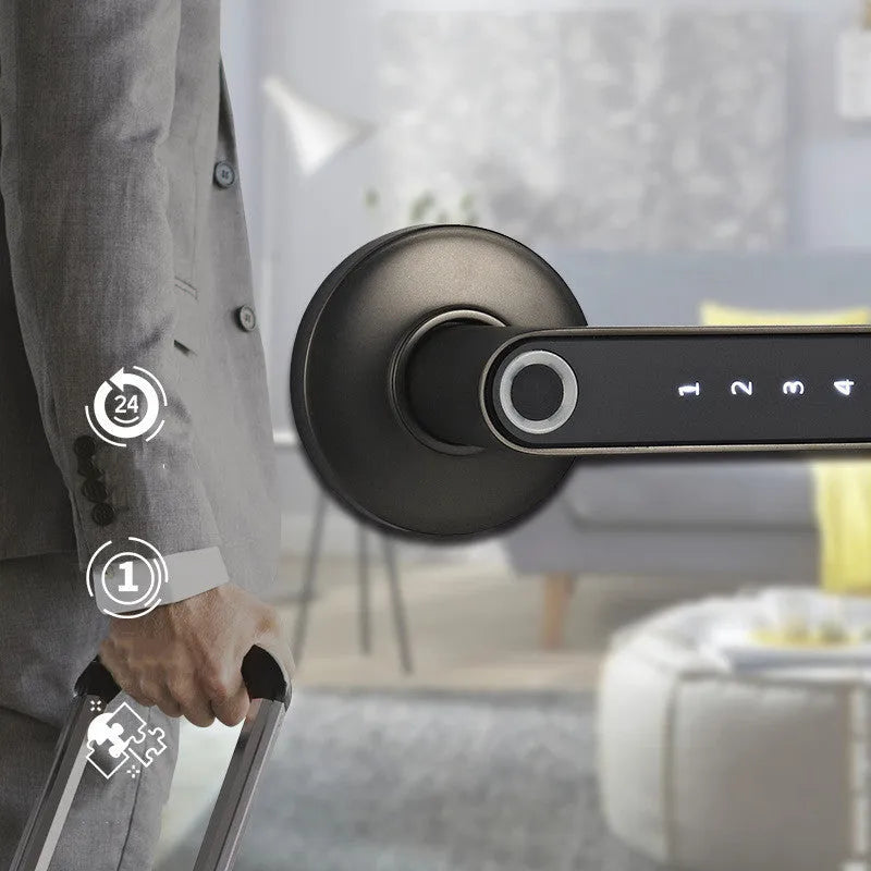 Black alloy smart digital lock with fingerprint sensor and modern minimalist design for keyless door entry
