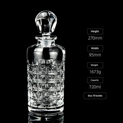 Hand-cut Bohemian crystal whiskey decanter with retro design and tapered pouring neck on wooden bar