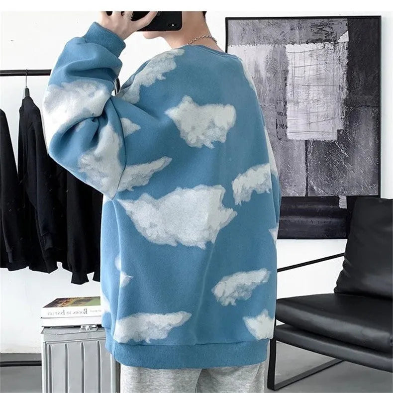 Men's loose pullover top with wool lining, available in black, blue, and white, sizes M-XXL.