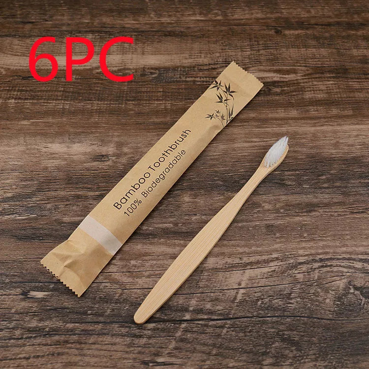 Eco-friendly flat bamboo toothbrush with kraft paper bag in assorted colors