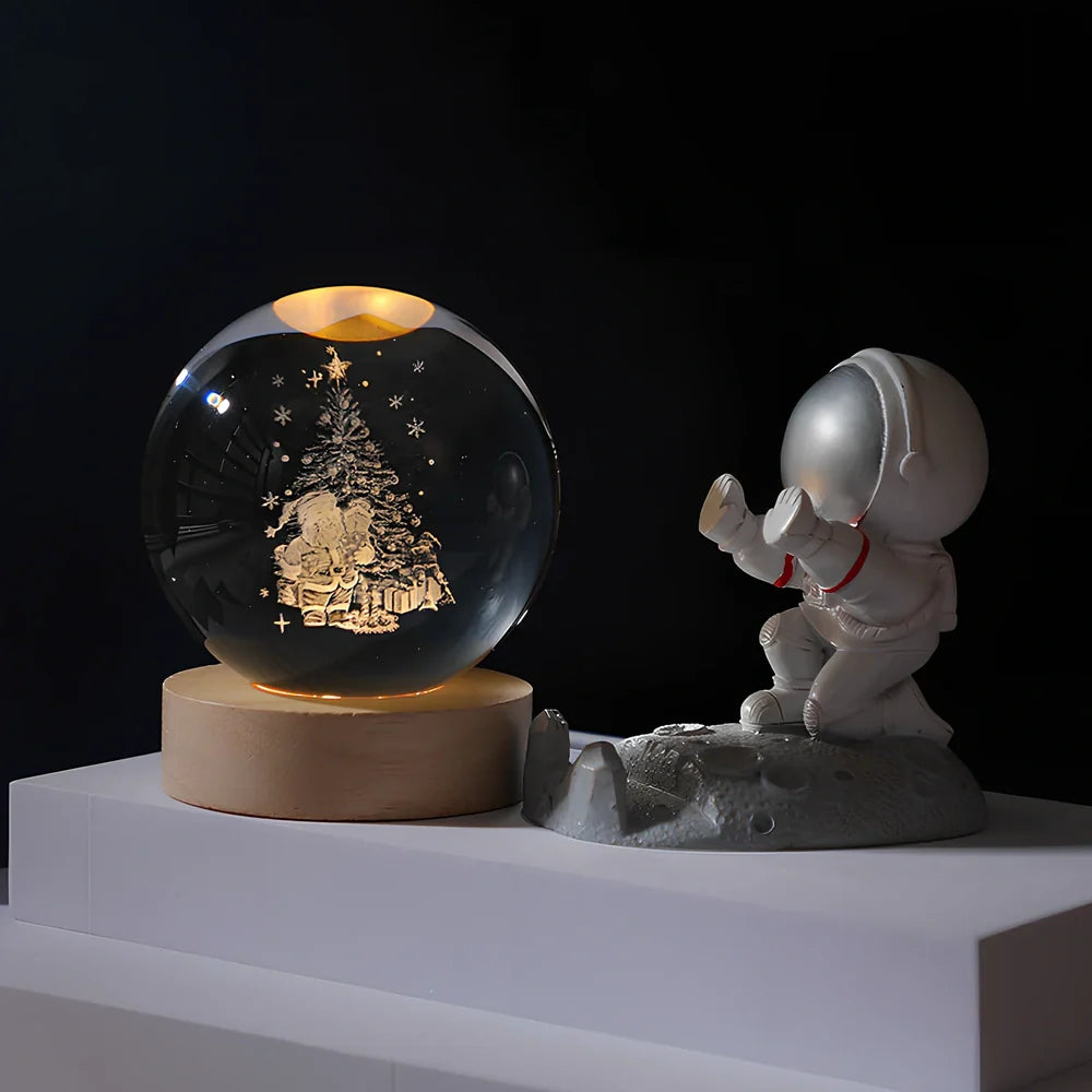 Cosmos Series 8cm crystal ball night light on wooden base with astronaut pusher projecting Milky Way pattern