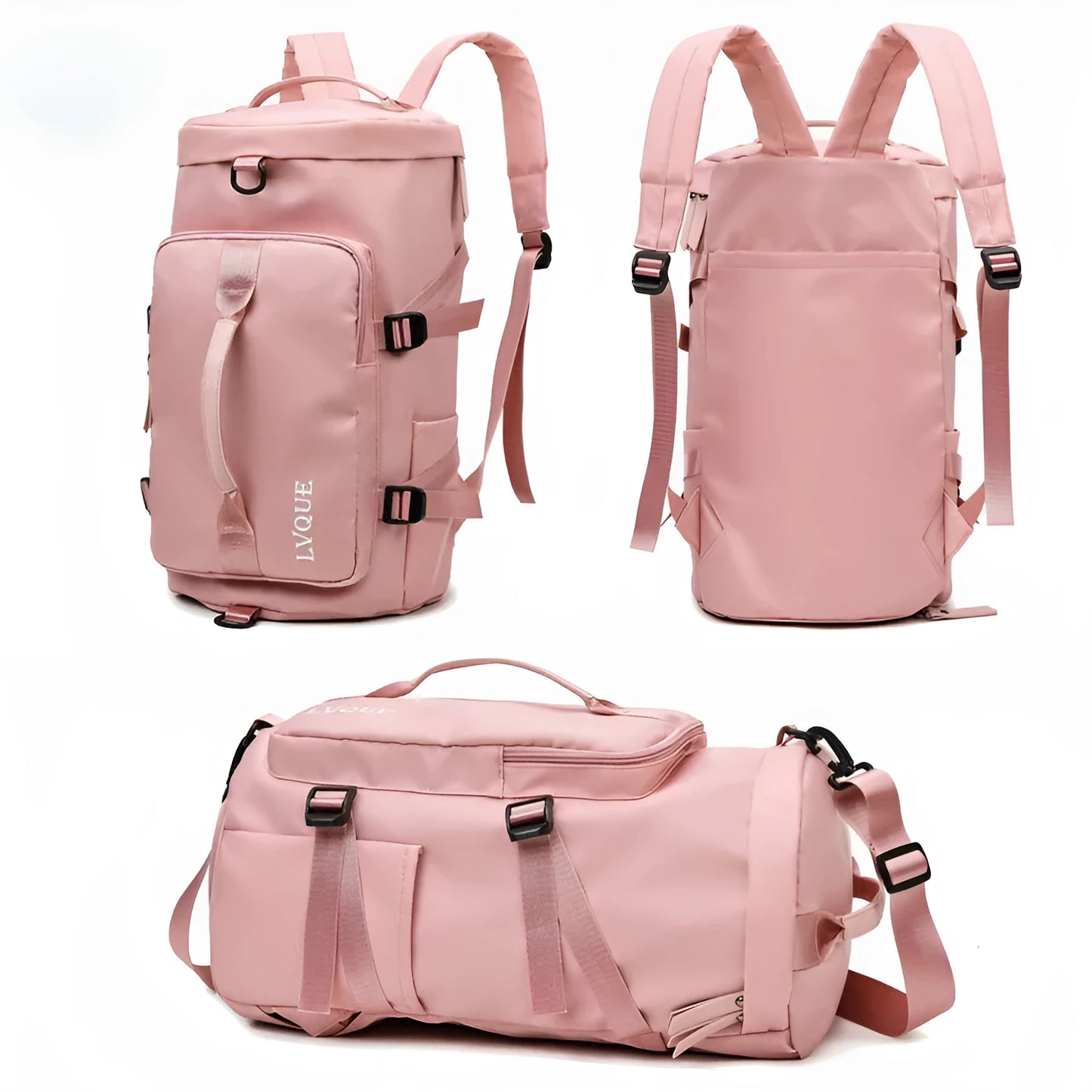 Waterproof nylon convertible gym bag with shoe compartment showing multiple pockets and carrying straps