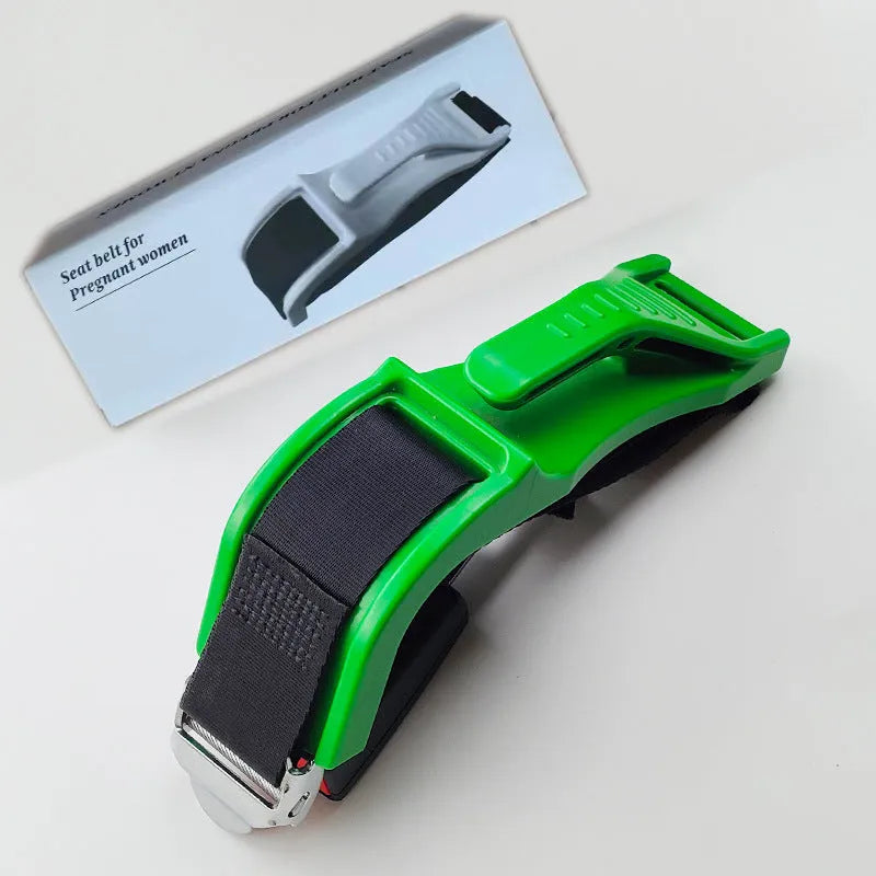Black ABS plastic pregnancy seat belt adjuster with metal buckle for car safety.