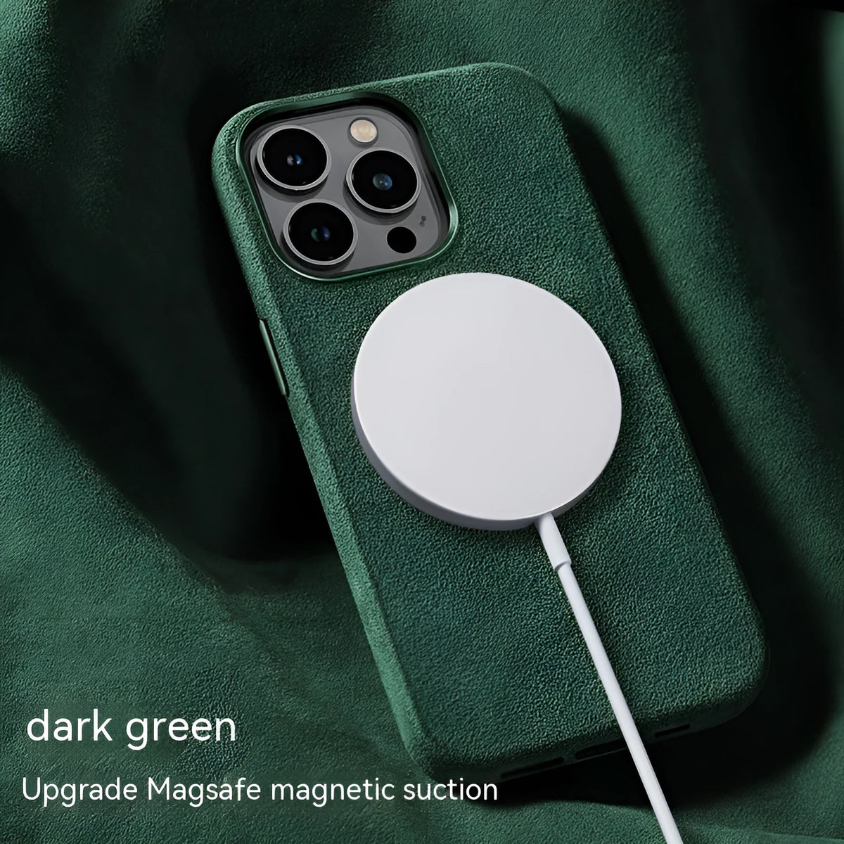 Suede magnetic wireless charger phone case for iPhone with card bag, dark green, back cover