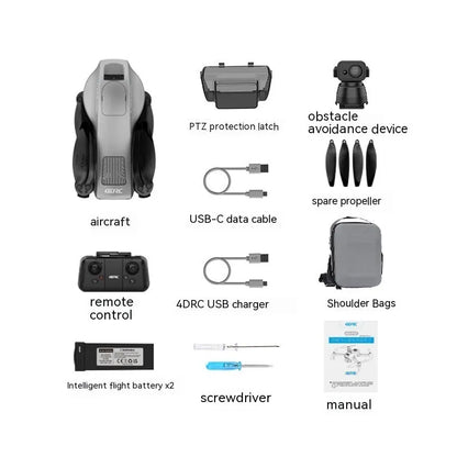 White foldable brushless quadcopter drone with 4K camera shown with remote control and carry case.