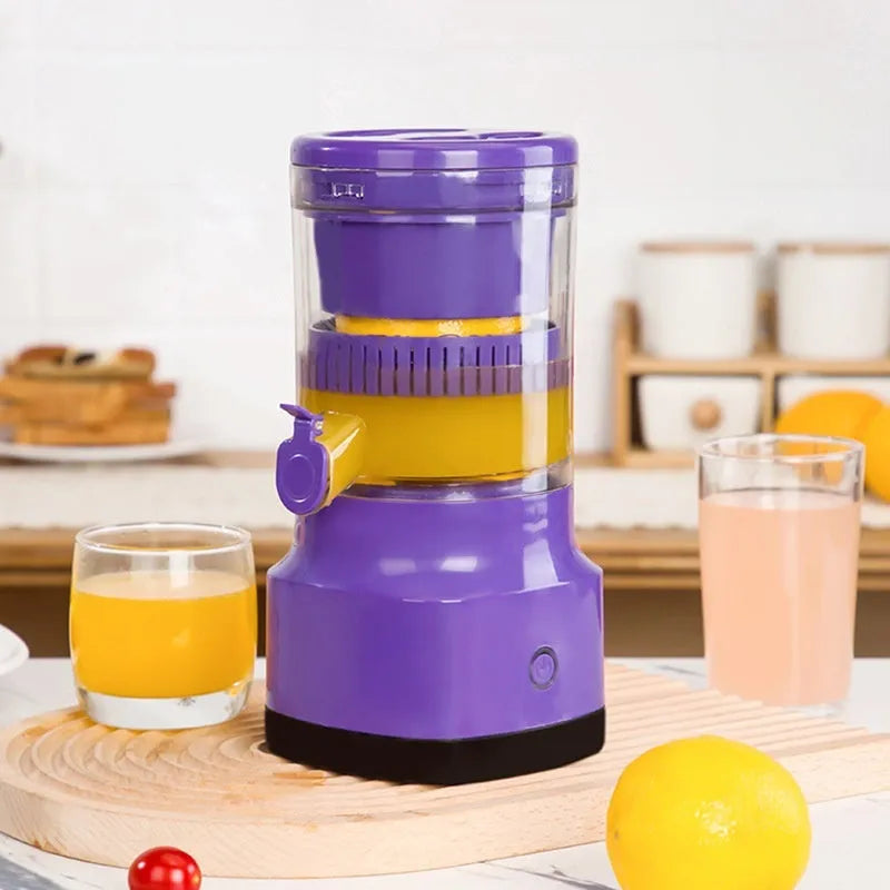 Purple USB rechargeable electric citrus juicer with detachable parts and charging cable.