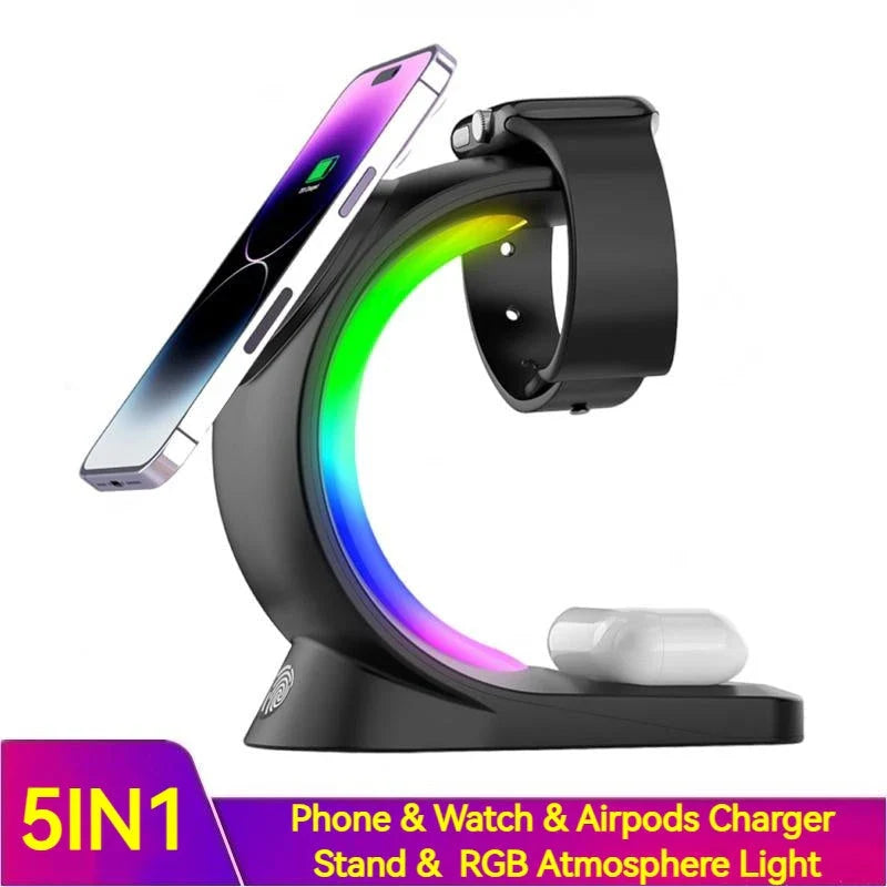 4-in-1 Magnetic Wireless Charging Station with RGB Atmosphere Light, Compatible with Smartphones, AirPods, and Apple Watch