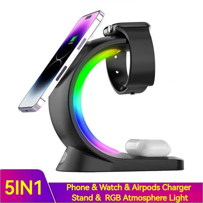 4-in-1 Magnetic Wireless Charging Station with RGB Atmosphere Light, Compatible with Smartphones, AirPods, and Apple Watch