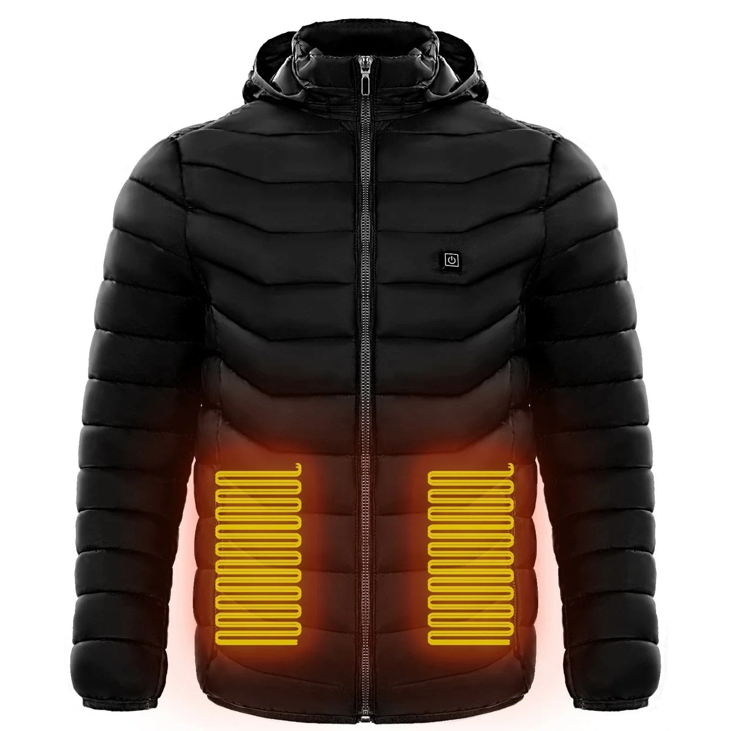 A warm, insulated puffer jacket with strategically placed heating elements to keep skiers cozy on the slopes.