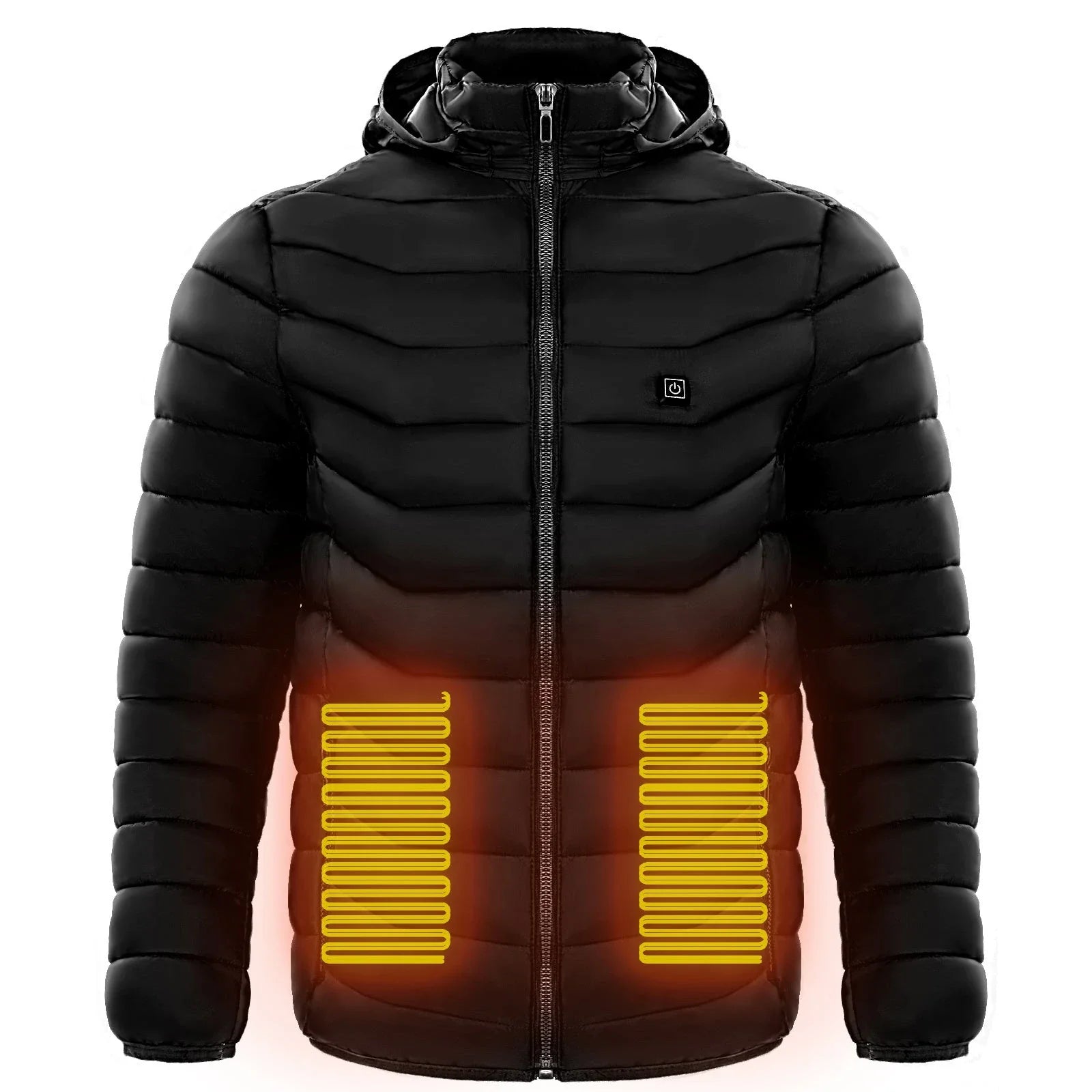 A warm, insulated puffer jacket with strategically placed heating elements to keep skiers cozy on the slopes.