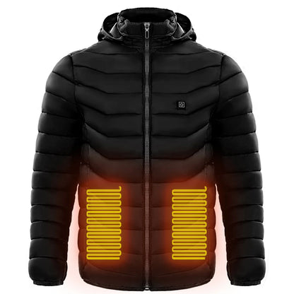 A warm, insulated puffer jacket with strategically placed heating elements to keep skiers cozy on the slopes.
