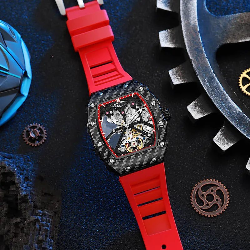Mechanical waterproof luminous men's watch with black dial and see-through caseback on rubber strap
