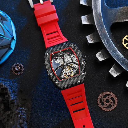 Mechanical waterproof luminous men's watch with black dial and see-through caseback on rubber strap
