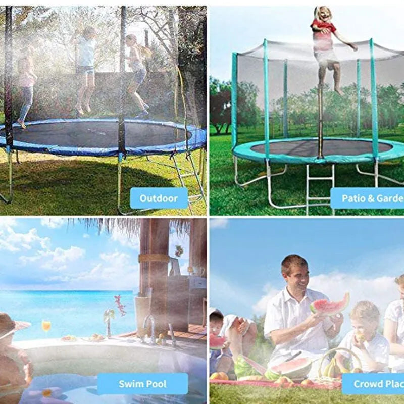 Portable plastic garden sprinkler with solar water cooling in blue and orange colours, showing 8m, 12m, 15m length options