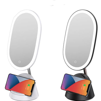 White adjustable LED desk lamp with integrated circular makeup mirror on a desk.