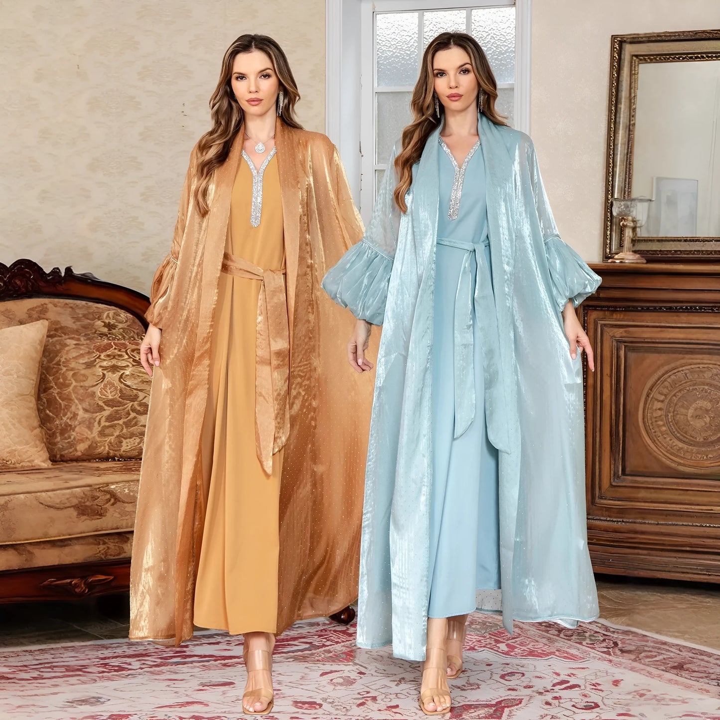Dubai two-piece dress set with rhinestone straps in blue or brown with long sleeves and skirt