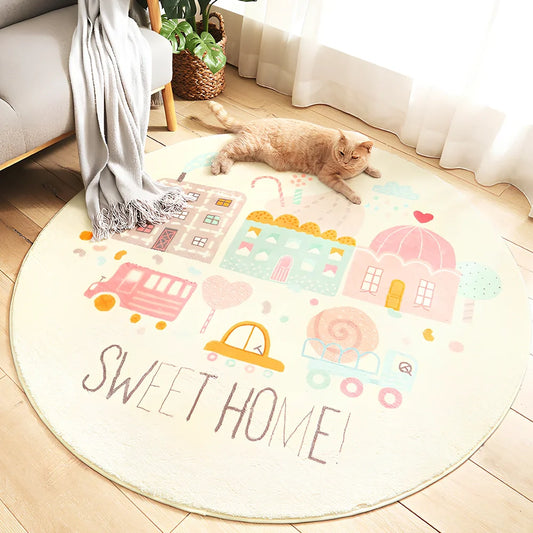 Cartoon thickened acrylic round table blanket in Cake Town pattern, 120cm diameter, white background