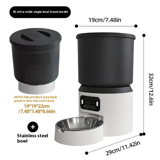4-litre smart pet feeder with remote control and optional camera on a table