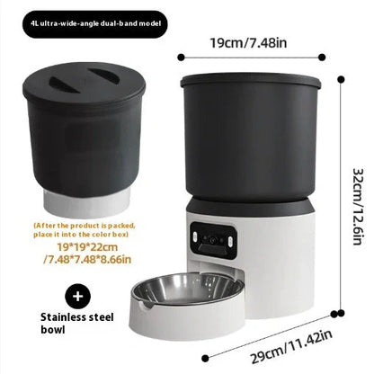 4-litre smart pet feeder with transparent food container and stainless steel bowl on wooden floor