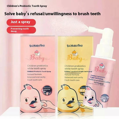 40ml bottle of children's probiotic oral spray for white teeth and cavity prevention in strawberry or orange flavour