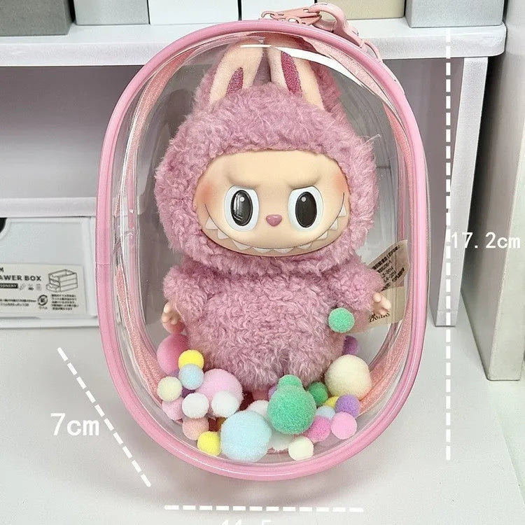Transparent PVC cube storage bag in 17cm size with avocado green colourful ball keychain attachment