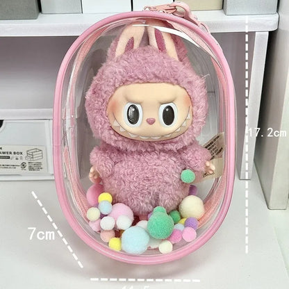 Transparent PVC cube storage bag in 17cm size with avocado green colourful ball keychain attachment