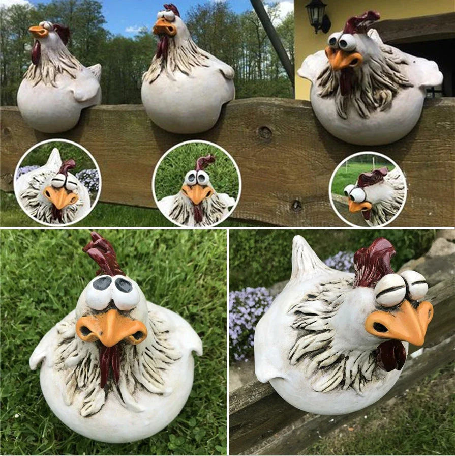 Resin chicken garden statue with vibrant colors and a playful design, perfect for adding charm to outdoor spaces