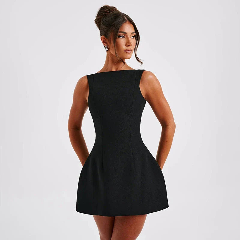 Fashionable backless summer dress in various colors, featuring a sleek silhouette, high-waist design, and chic style.