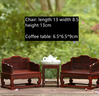 Red rosewood miniature Chinese furniture model with traditional carved details and mahogany construction