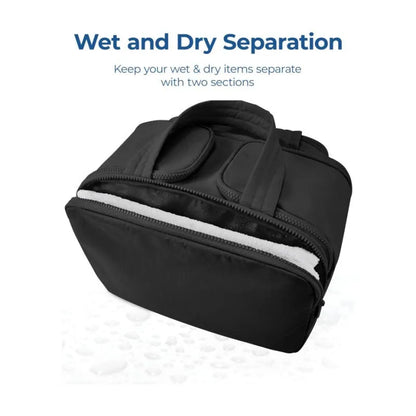 Travel toiletry bag with wide-open design showing 29.97cm length, available in six colours including black and pink