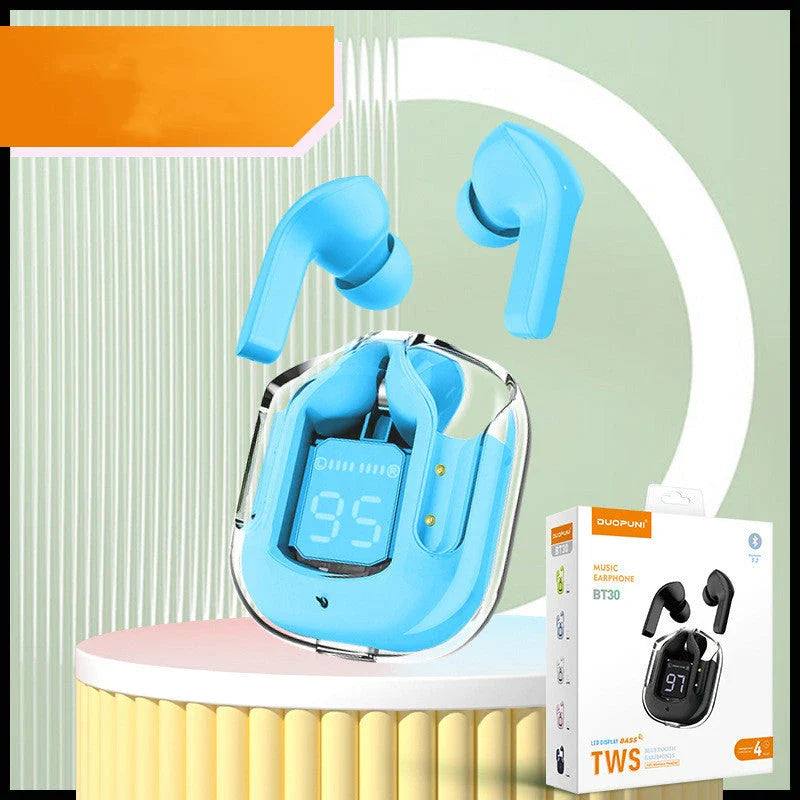 Pair of true wireless Bluetooth earbuds with noise cancellation and digital display