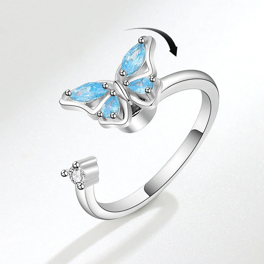 Women's adjustable rotatable butterfly ring with zircon inlay, available in multiple colors