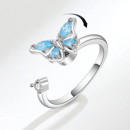 Women's adjustable rotatable butterfly ring with zircon inlay, available in multiple colors