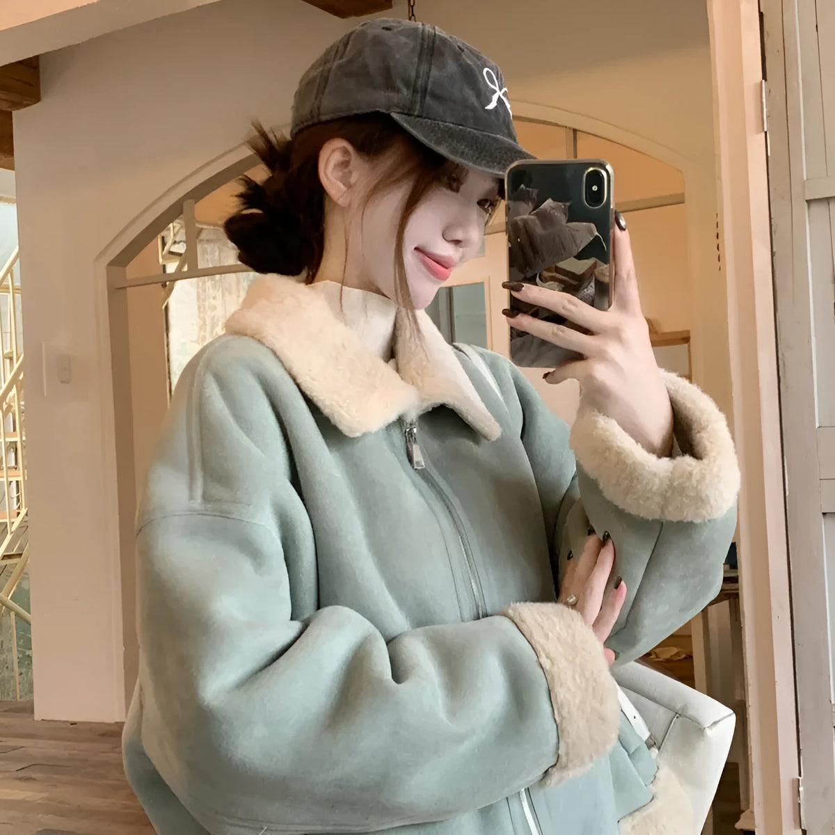 Korean-style lamb wool and fur coat in light blue or khaki, loose fit, thick chenille with spandex, 50cm length.