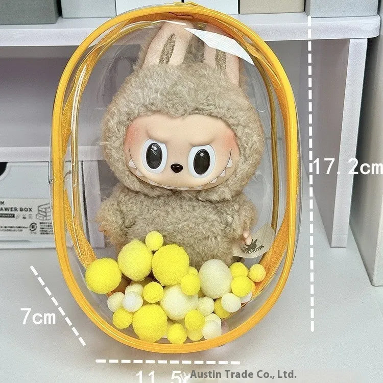 Transparent PVC cube storage bag in 17cm size with avocado green colourful ball keychain attachment