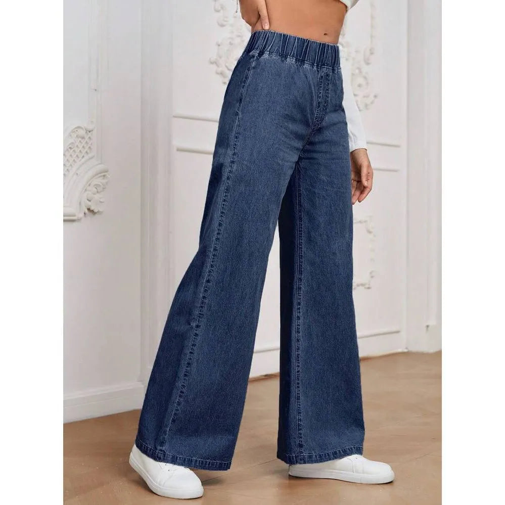 Light blue washed wide-leg denim trousers with mid waist and zip placket for plus-size youth wear