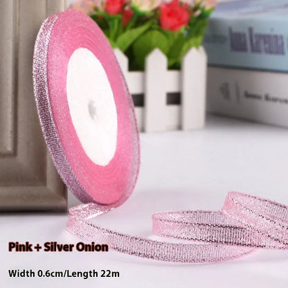 Polyester gift packaging bow ribbon showing 0.6cm width and colour options including gold leaf and metallic variations