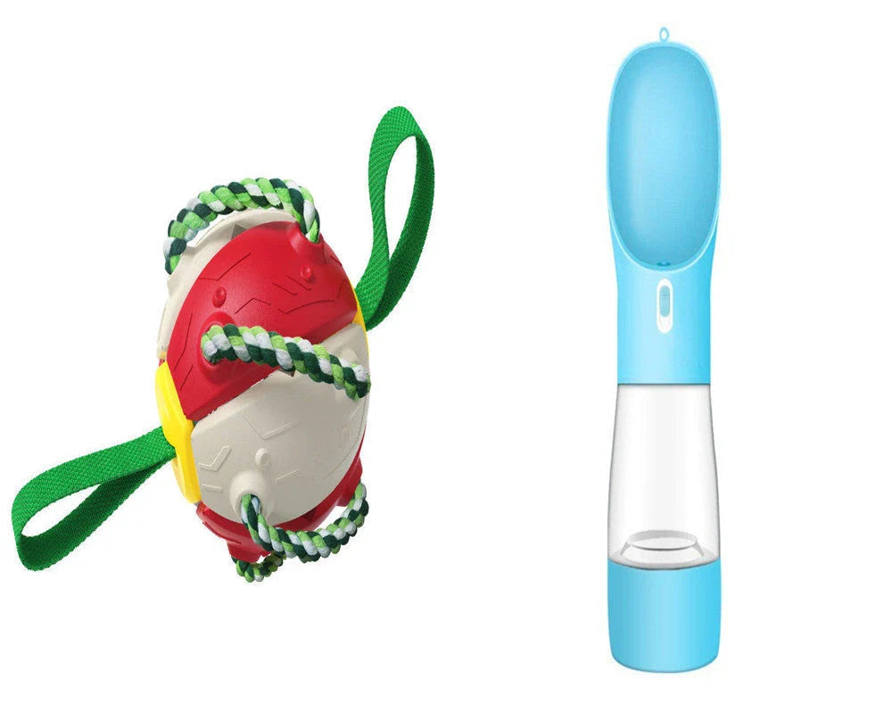 Transforming dog toy that can switch between a ball and frisbee shape, featuring durable construction and interactive play features
