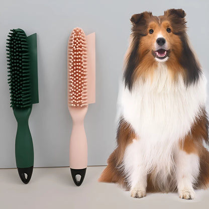 Green silicone pet grooming brush with flexible bristles for removing hair from cats, dogs and furniture