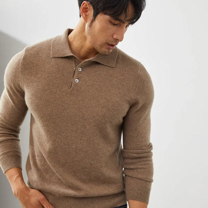 Men's sapphire blue cashmere pullover sweater with a polo collar, laid flat.