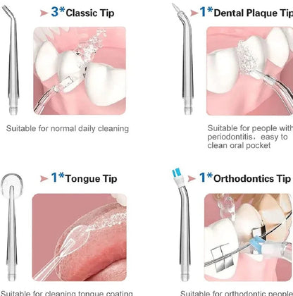 White oral irrigator with 4 nozzles showing water stream and USB charging port