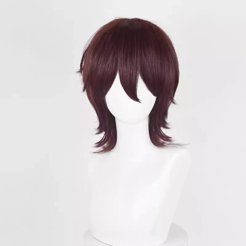 Short black anime-style cosplay wig for men with a lengthened hair tail, made from synthetic fibre.