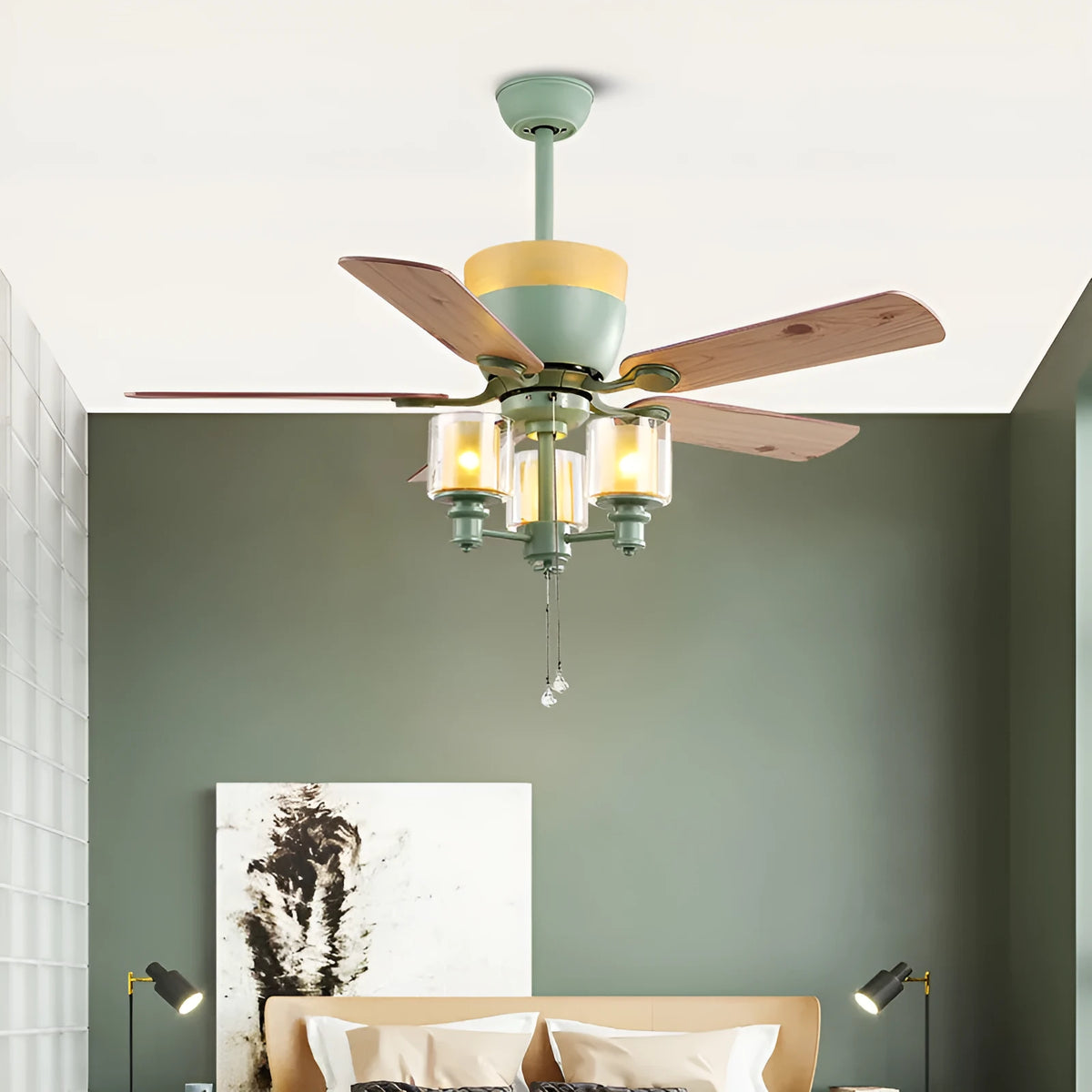 Dark green 120cm ceiling fan lamp with iron, glass and wood leaf construction and three E27 light fittings