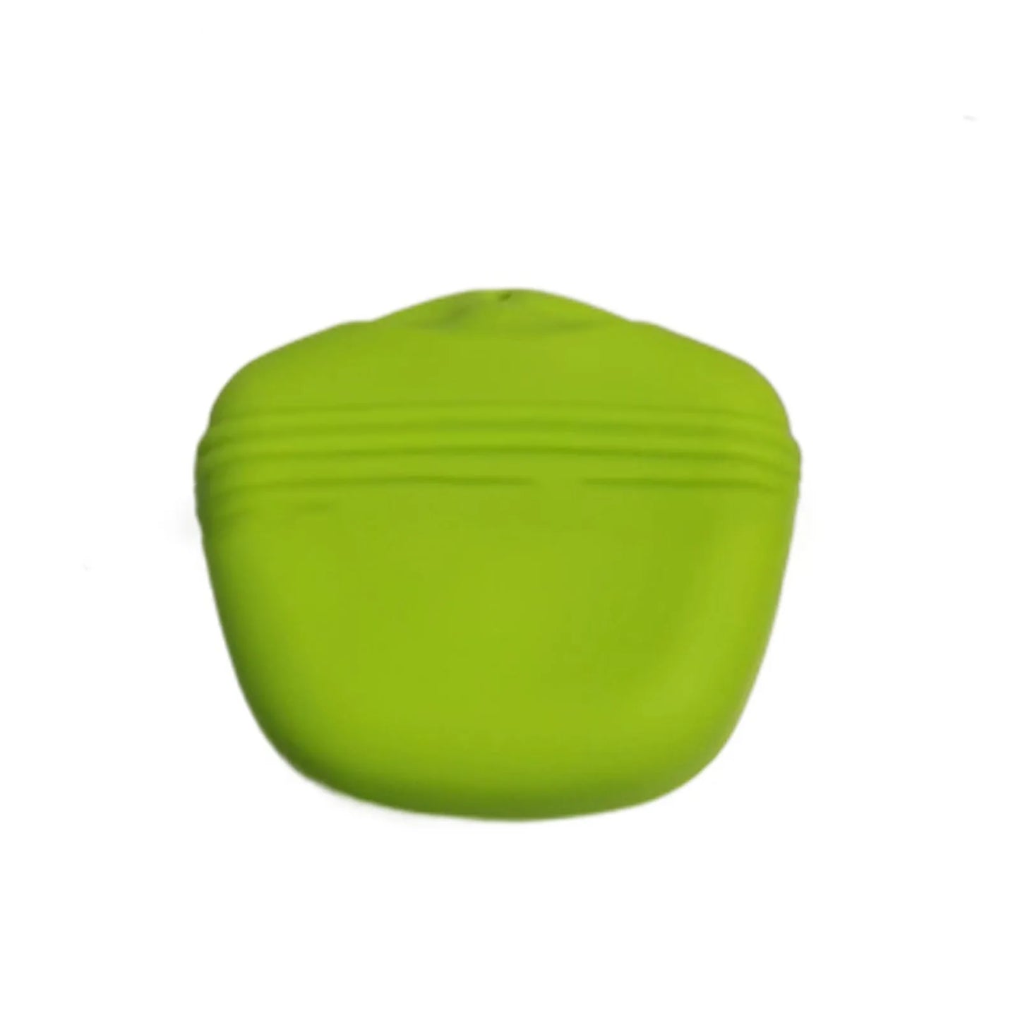 Black silicone dog training treat pouch with clip and magnetic closure shown attached to a belt.
